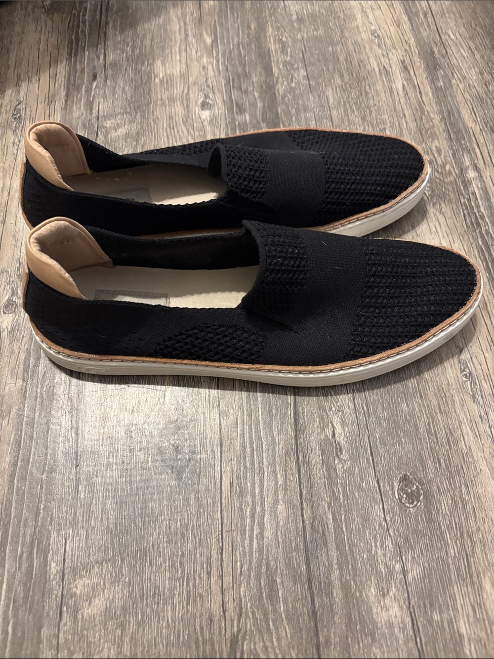 UGG Men's Black Knit Slip-On Loafers with Tan Heel Trim